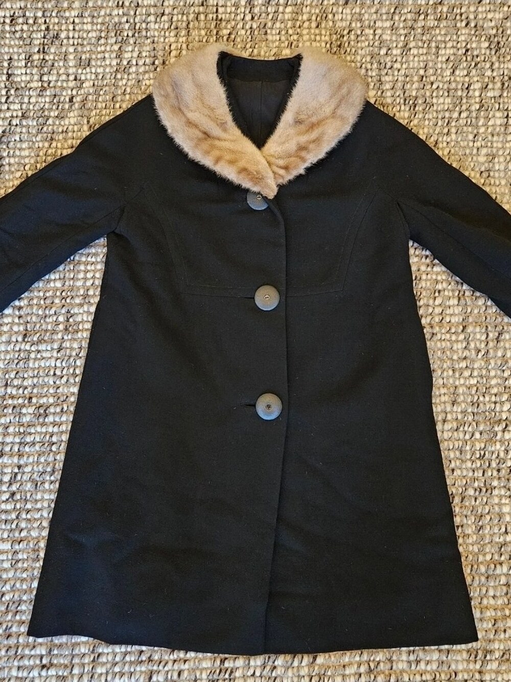 Original Jeshiva Hand Tailored Coat Black Wool Mink Fur Collar Vintage Women's M